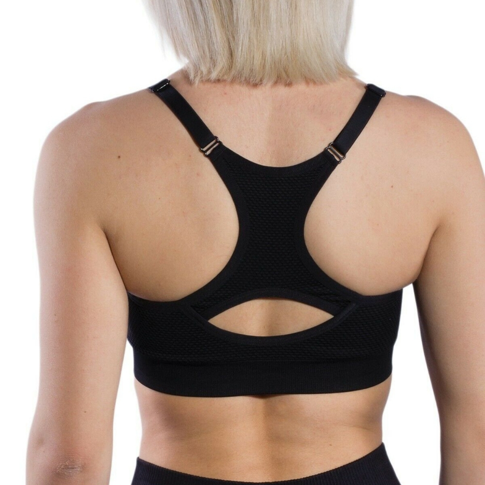 Danskin Now SPORTS BRA, size M, BLACK with keyhole racer back, adjustable straps